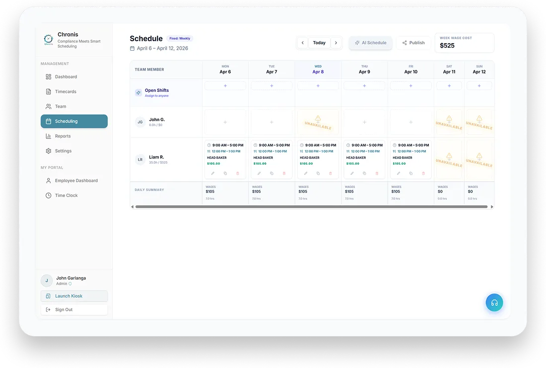 Chronis scheduling dashboard with weekly shift view