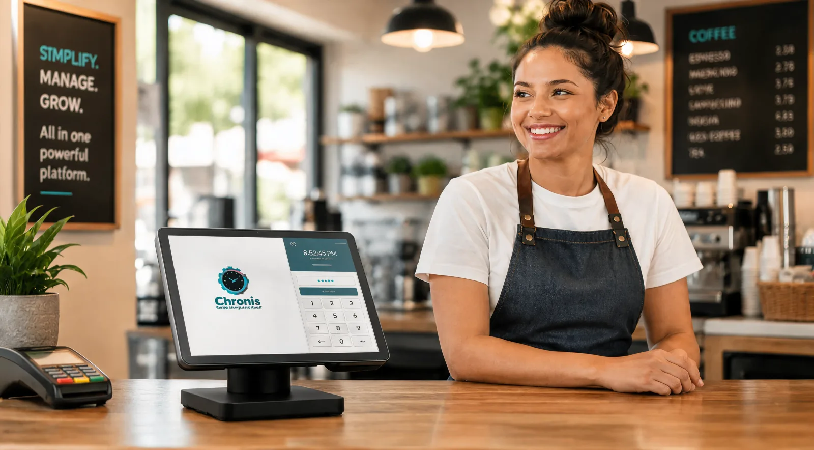Barista next to a Chronis clock-in kiosk at a coffee shop counter